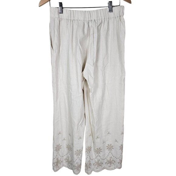 Tahari Linen Blend Embroidered Wide Leg Pants S Cream Scalloped Cropped Coastal - Picture 2 of 10